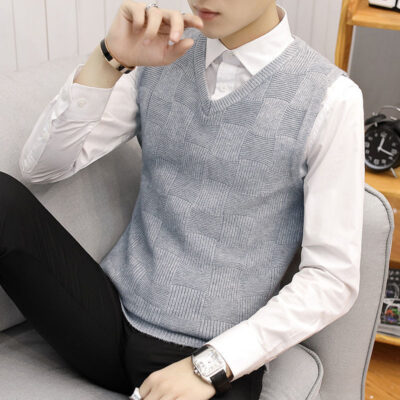 Áo Vest Len Vai Mới Phù Hợp Với Áo Len Vest Nam Teen Áo Khoác Ngoài Cổ Chữ V Dệt Kim Áo Len Không Tay