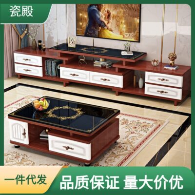 Lắp đặt trọn gói tủ tivi phong cách châu Âu kết hợp bàn cà phê phòng khách chung cư nhỏ kính cường lực bàn trà hiện đại tối giản có thể thu vào