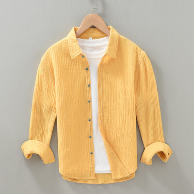 Áo sơ mi cotton hai lớp nam kiểu dáng ôm vừa vặn nhàu nát cotton nguyên chất dài tay áo sơ mi trắng giản dị đẹp trai màu trơn hợp thời trang