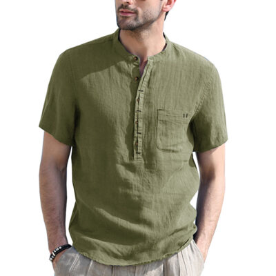 Amazon 2022 Mới Cotton Và Vải Lanh Nam Cổ Đứng Tay Ngắn Vải Lanh Tay Áo Vải Lanh Thường Thoáng Khí Mềm Mại Và Mỏng