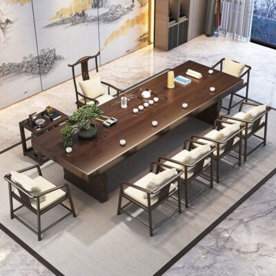 Bàn trà gỗ nguyên khối và ghế kết hợp phong cách Trung Hoa mới bảng lớn Bàn trà log Bàn trà phòng khách Zen Bàn trà văn phòng