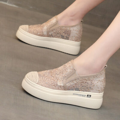 Giày ngư dân đế muffin mùa hè 2023 mới bề mặt lưới thoáng khí giày gió nhỏ thơm giày step-on giày nữ tăng chiều cao