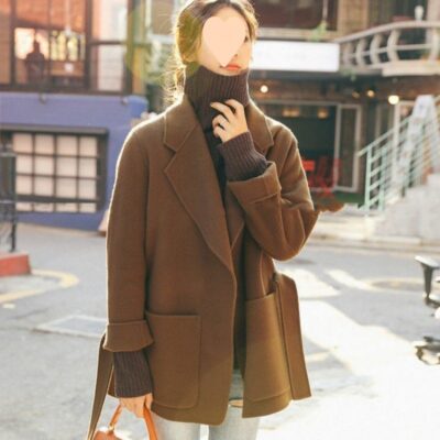 Áo khoác cashmere hai mặt phong cách Hàn Quốc cho nữ ngắn phù hợp với áo khoác len caramel rộng rãi