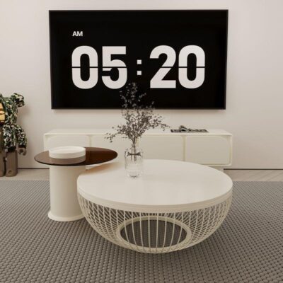 Bàn cà phê Langyi kết hợp tủ TV màu kem mới phong cách tròn màu trắng tinh khiết bảng đá căn hộ nhỏ phòng khách màu đỏ bảng nhà