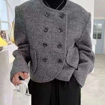 Áo khoác len hai mặt cổ tròn mới cho nữ cảm giác cao cấp nhỏ được may bằng tay cho nữ mùa thu đông