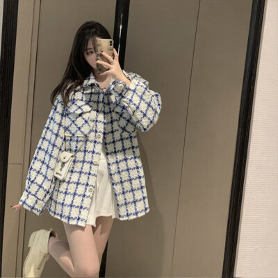 Mùa xuân và mùa thu Kẻ sọc xanh và trắng Rời phong cách đại học Tweed Dệt áo khoác gió nhỏ thơm Áo sơ mi kiểu phương Tây của phụ nữ Áo khoác