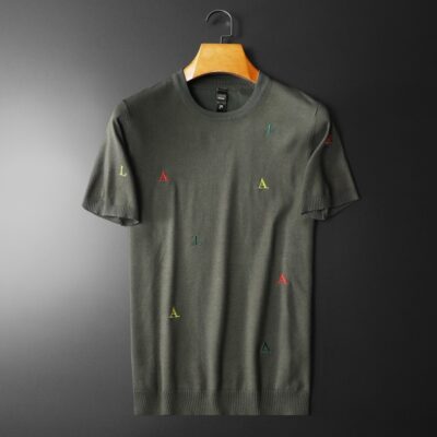 2022 mới mùa thu đông thêu chữ đồng màu áo len ngắn tay nam nửa tay áo len nam 6609