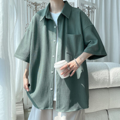 Mùa hè 2023 mới oversize xếp nếp lụa băng size lớn áo sơ mi nam đẹp trai nửa tay áo sơ mi nam