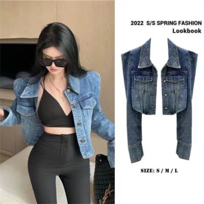 Góc Phải Áo Khoác Vai Ngắn Áo Khoác Denim Nữ Mỹ Retro Dáng Rộng Cổ Tất Cả Trận Đấu Áo Khoác Cao Cấp