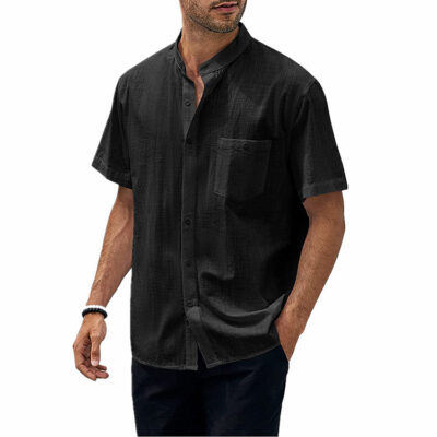 2023 Amazon Nam Mùa Hè Ngắn Tay Có Túi Áo Sơ Mi Cotton Nút Xuống Retro Đi Biển Thường Ngày Cao Cấp