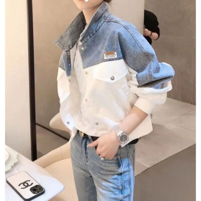 Màu sắc thời trang tương phản denim khâu áo khoác nữ mùa xuân 2023 retro phù hợp với áo khoác xu hướng hàng đầu