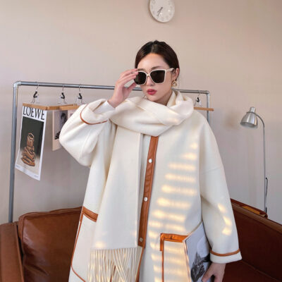 "Anfiona" 21 mùa thu đông mới thiết kế khăn quấn da cừu hai mặt áo khoác len dài cashmere cho nữ