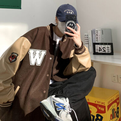 Da PU khâu đồng phục bóng chày nam mùa thu và mùa đông đẹp in áo khoác rộng phù hợp với tất cả các trận đấu Hồng Kông thương hiệu hợp thời trang ruffian đẹp trai áo khoác nam