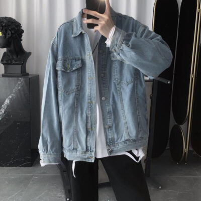 Áo khoác denim màu xanh rửa sạch theo phong cách Hồng Kông giản dị phù hợp với mọi đối tượng Quần áo mùa xuân và mùa thu phong cách Hàn Quốc Áo khoác nam dáng rộng hợp thời trang