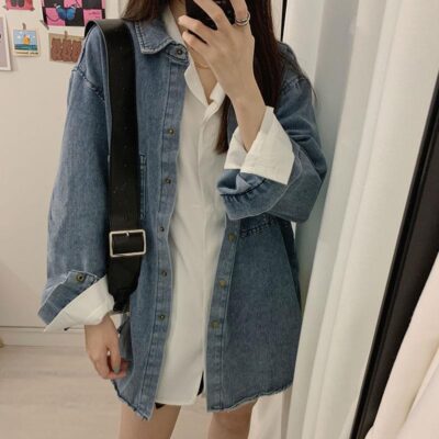 Kích thước lớn chất béo mm thiết kế cảm giác áo sơ mi denim áo khoác nữ nhiều lớp phù hợp với áo khoác rộng BF đại học phong cách retro trên áo khoác
