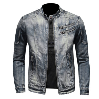 Xuyên biên giới ngoại thương thời trang mỏng nam cổ đứng dây kéo xe máy Harley áo khoác denim áo khoác nam kích thước Châu Âu H0669