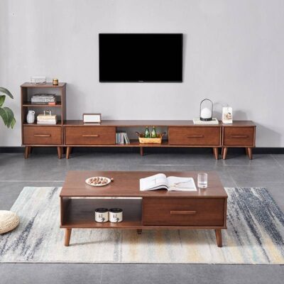 Màu óc chó tủ tivi gỗ nguyên khối phòng khách tối giản hiện đại bàn cà phê mới kết hợp tủ tivi sàn căn hộ nhỏ
