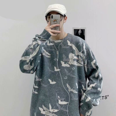 Áo Len In Hình Con Hạc Áo Len Nam Xu Hướng Thu Đông Rời Kích Thước Lớn Thể Thao Cổ Tròn Áo Len Dệt Kim Áo Khoác