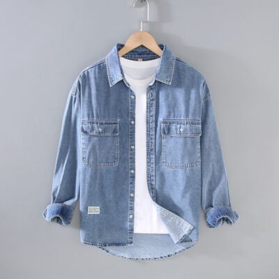 G030# Autumn new Nhật Bản retro heavy wash túi đôi nam dài tay sáng màu sơ mi denim đơn giản giao hàng tận nơi