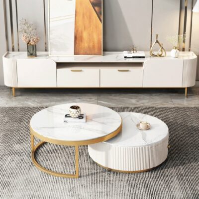 Đá phiến bàn cà phê tròn tủ TV kết hợp Bàn trà đẹp hiện đại tối giản căn hộ nhỏ phòng khách kích thước bàn tròn màu đỏ bàn trà