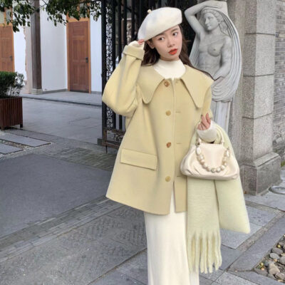 Mới 2 Mặt Áo Khoác Cashmere Ngắn Búp Bê Cổ Nhỏ Len Thời Trang Bỏ Túi 2 Mặt Áo Khoác Len dành Cho Nữ