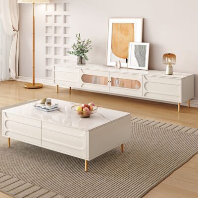 Tủ tivi đá phiến kết hợp bàn cà phê màu kem Pháp phong cách căn hộ nhỏ hộ gia đình tủ đựng đồ gỗ tủ tivi sàn tủ