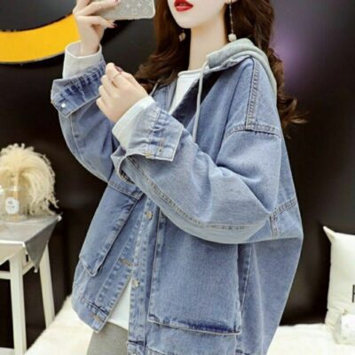 Phiên bản Hàn Quốc áo khoác denim có mũ trùm đầu nữ mùa xuân hè 2023 áo khoác denim cỡ lớn phong cách retro xu hướng quần áo
