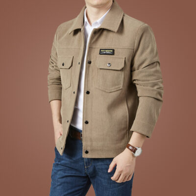 Mùa Xuân Và Mùa Thu Mới Áo Khoác Nam Dài Tay Bảo Hộ Lao Động Phối Ren Định Nhiều Túi Ve Áo Retro Áo Khoác