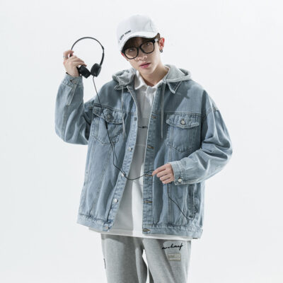 Áo khoác denim nam mùa thu mới phong cách Hàn Quốc có mũ trùm đầu nam xu hướng rộng dụng cụ denim hàng đầu quần áo