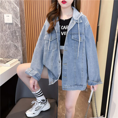 Áo khoác denim có mũ trùm đầu mùa xuân và mùa thu của phụ nữ thiết kế theo phong cách Hàn Quốc mới cảm giác phù hợp với áo khoác gió phù hợp rộng rãi hàng đầu