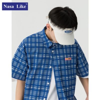 NASA doanh mùa hè áo sơ mi ngắn tay nam hợp thời trang thương hiệu in hình rời hip-hop đường phố cao áo sơ mi kẻ sọc dáng rộng thường ngày
