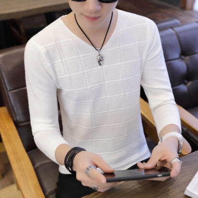 Áo len nam cổ thấp mùa thu cổ chữ V mỏng phong cách Hàn Quốc Quần áo mỏng lót nam Áo len dệt kim mùa thu có đáy áo sơ mi nam