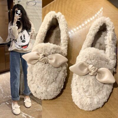 Mao Mao Doudou giày nữ mùa thu đông áo khoác ngoài mới cộng với nhung phẳng phù hợp với nơ giày cotton lưới hồng ngoại mang giày lười