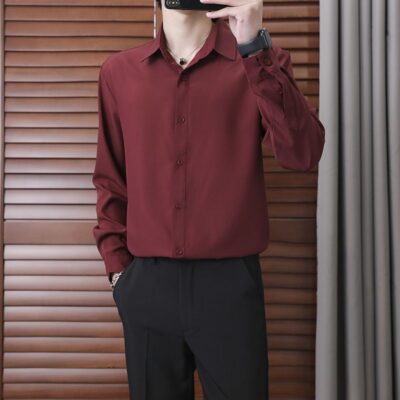 Áo sơ mi nam màu đỏ rượu vang áo sơ mi nam công sở trang phục công sở phiên bản Hàn Quốc chú rể dài tay mỏng phù rể đẹp trai cảm giác hôn nhân