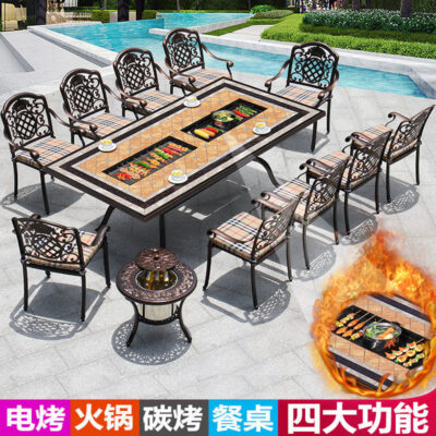 Bàn ghế ngoài trời sân vườn ngoài trời sân thượng nhôm đúc gang điện nướng lẩu bàn ghế ăn kết hợp carbon bàn nướng