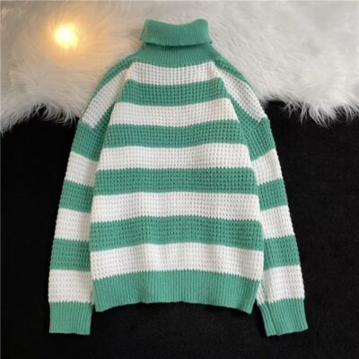 Áo len cao cổ sọc đen trắng nam mùa thu đông dày mềm mại kiểu dáng lười biếng áo len dệt kim áo khoác len thương hiệu hợp thời trang