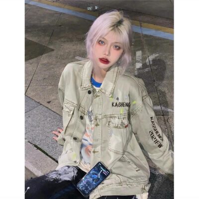 Hiphop đường phố cao áo khoác denim nữ mùa xuân và mùa thu phù hợp với phiên bản Hàn Quốc phóng khoáng theo phong cách Hồng Kông hic áo khoác bên trong thủy triều