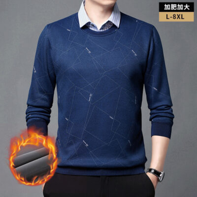 Mùa Đông Mỡ Rời Plus Kích Thước Ấm Áo Len Nam Trẻ Trung Plus Nhung Dày Giả 2 Đáy Áo Thun