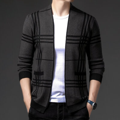 Bán buôn tại chỗ mùa thu và mùa đông áo len nam kẻ sọc mới dệt kim cardigan slim-fit dài tay phiên bản Hàn Quốc cổ chữ V áo khoác giản dị