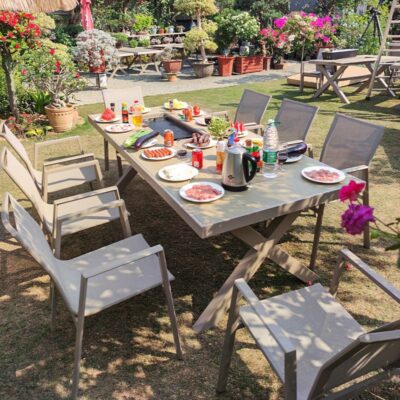 Bàn ghế ngoài trời bàn ăn nướng điện nhôm đúc sân ngoài trời sân vườn ngoài trời thép hộ gia đình thông thường kết hợp bàn nướng