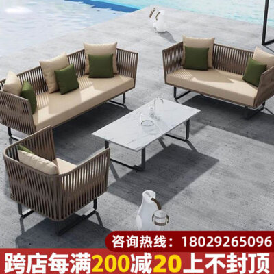 Sofa mây ngoài trời ba người không thấm nước chống nắng khách sạn nổi tiếng sân vườn ban công giải trí ngoài trời bàn trà ghế mây nội thất
