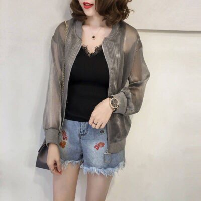 Organza chống nắng mùa hè nữ áo khoác cardigan cỡ lớn dài tay ngắn lụa sáng áo khoác mỏng đồng phục bóng chày áo chống nắng áo sơ mi
