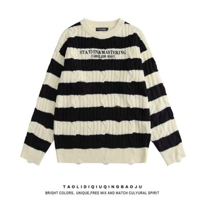 2022 Quốc Gia Mới Thủy Triều Sọc Thô Áo Len Cặp Đôi Nam Nữ Thu Đông Lười Lót Màu Tương Phản Áo Len Dệt Kim Mỹ Hàng Đầu