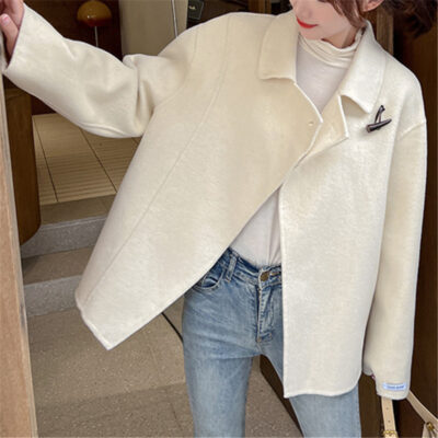 2023 Màu Be 2 Mặt Áo Khoác Len Cashmere Nữ Thu Đông Phần Ngắn Thời Trang Nhỏ Khóa Áo Khoác Len