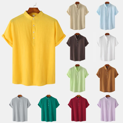 2023 Amazon Ga Độc Lập Mùa Hè Nam Cotton Và Vải Lanh Cổ Áo Sơ Mi Ngắn Tay Bãi Biển Áo Thun Áo Sơ Mi Quần Áo Nam