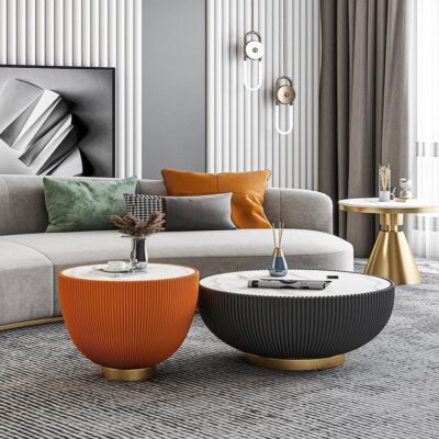 Bàn cà phê đá phiến kết hợp ánh sáng tròn sang trọng màu đỏ phong cách thiết kế phòng khách bàn tròn nhỏ khách sạn bảng phụ hiện đại tối giản