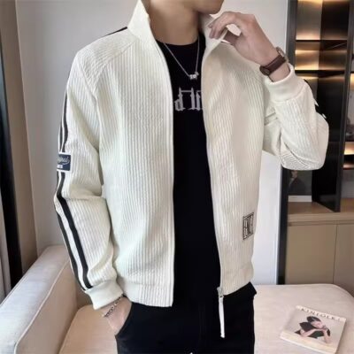 Mùa Xuân Năm 2023 Mới Cổ Đứng Áo Khoác Nam Phong Cách Hàn Quốc Sọc Gấp Gọn Áo Khoác Nam Đa Năng Áo Khoác Trắng