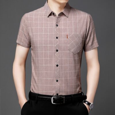 Thời trang giản dị mùa hè nam băng lụa lanh áo sơ mi ngắn tay mùa hè phi sắt áo sơ mi nửa tay giản dị