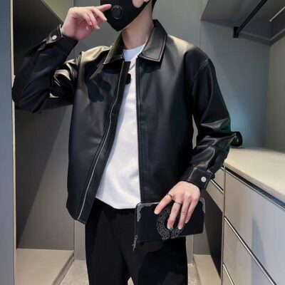Áo khoác da thương hiệu hợp thời trang mùa thu nam cao cấp cảm giác côn đồ đẹp trai nam mô tô quần áo áo khoác da có ve áo nam