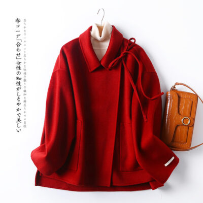 Giáng sinh năm mới áo khoác cashmere ngắn hai mặt màu đỏ phiên bản Hàn Quốc ngày lễ nhỏ Áo khoác len dáng rộng phiên bản Hàn Quốc cho nữ